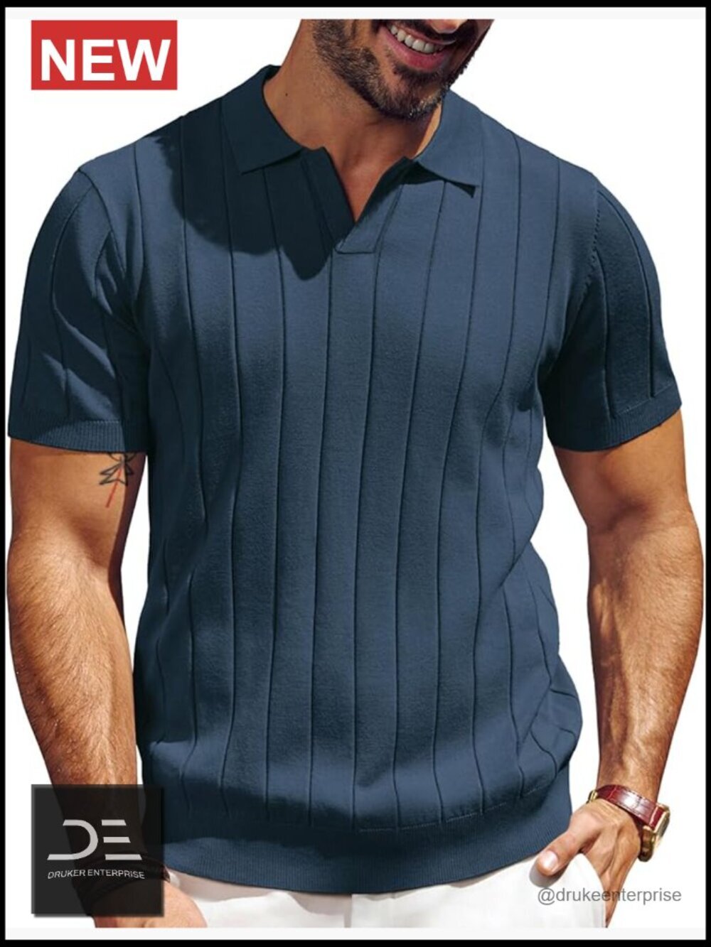 Men's V-Neck Texture Polo Shirt Short Sleeve Casual Knit